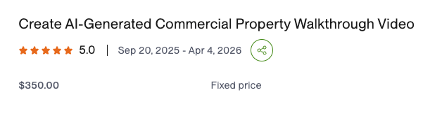 Five-star Upwork contract rating for the Inspección Resorts bilingual property inspection video