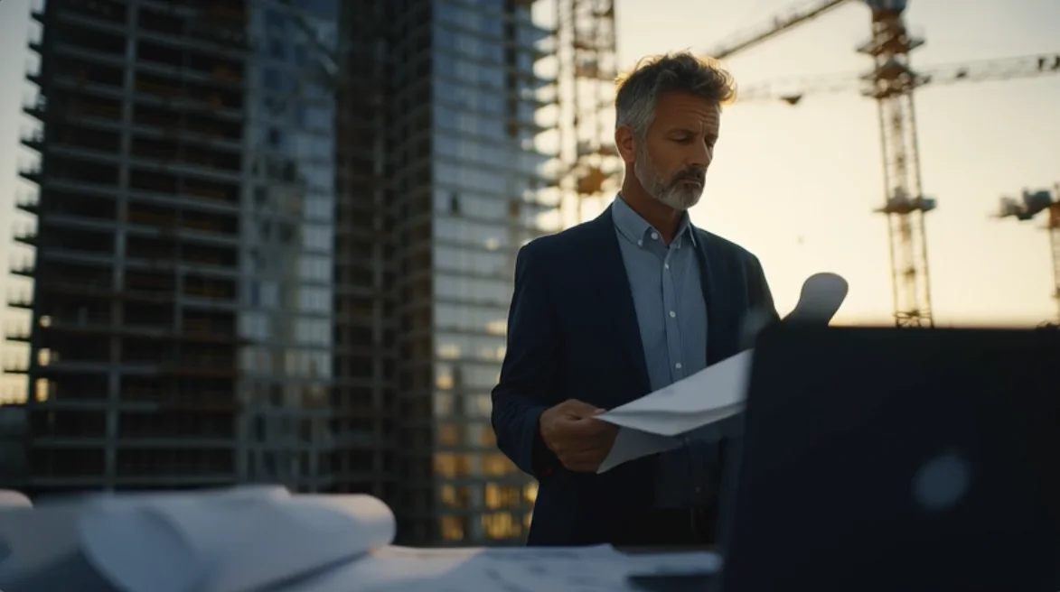 Executive reviewing documents at an active construction site