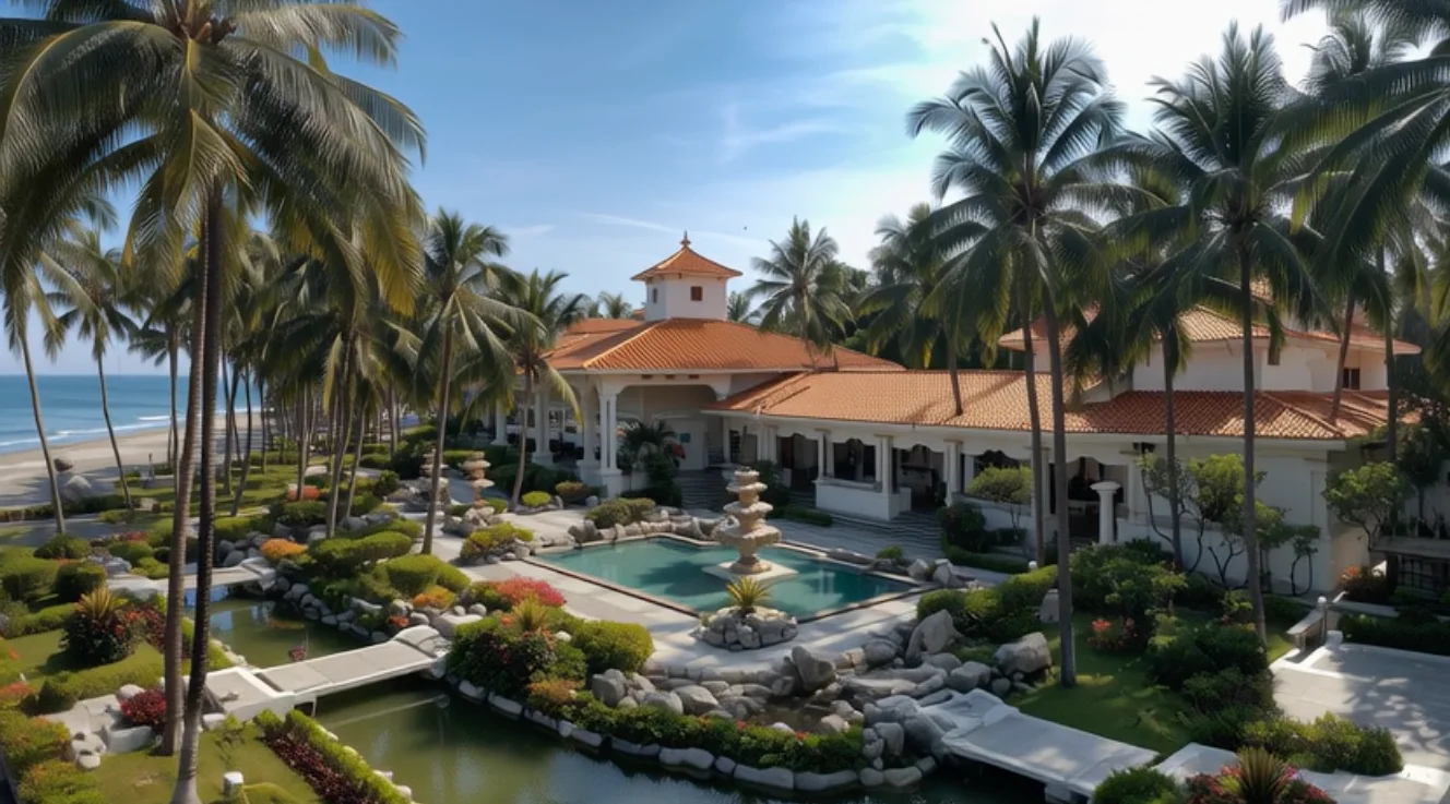 Aerial view of a landscaped beachfront resort with pool and palm trees