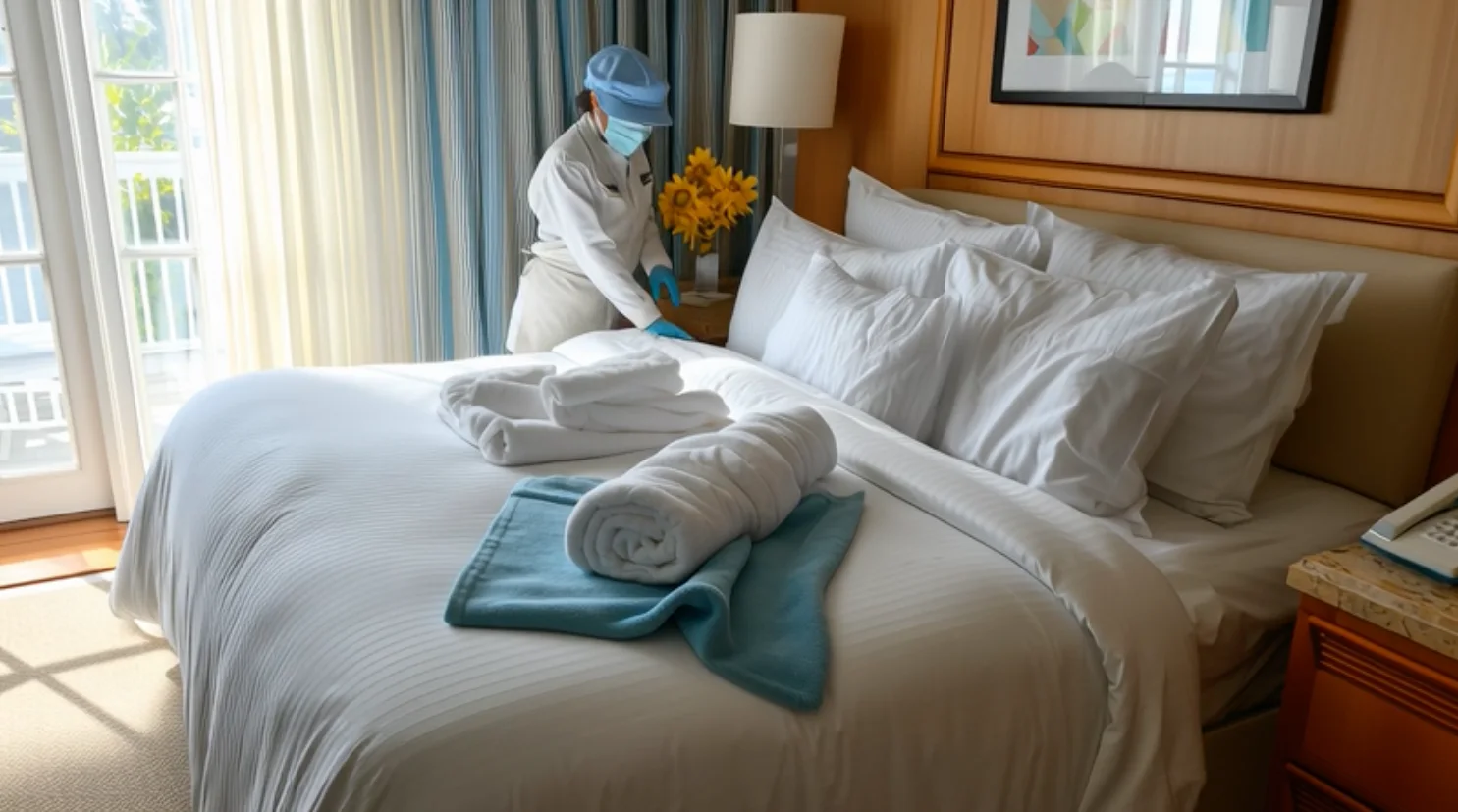 Hotel housekeeper preparing a guest room with fresh linens and towels