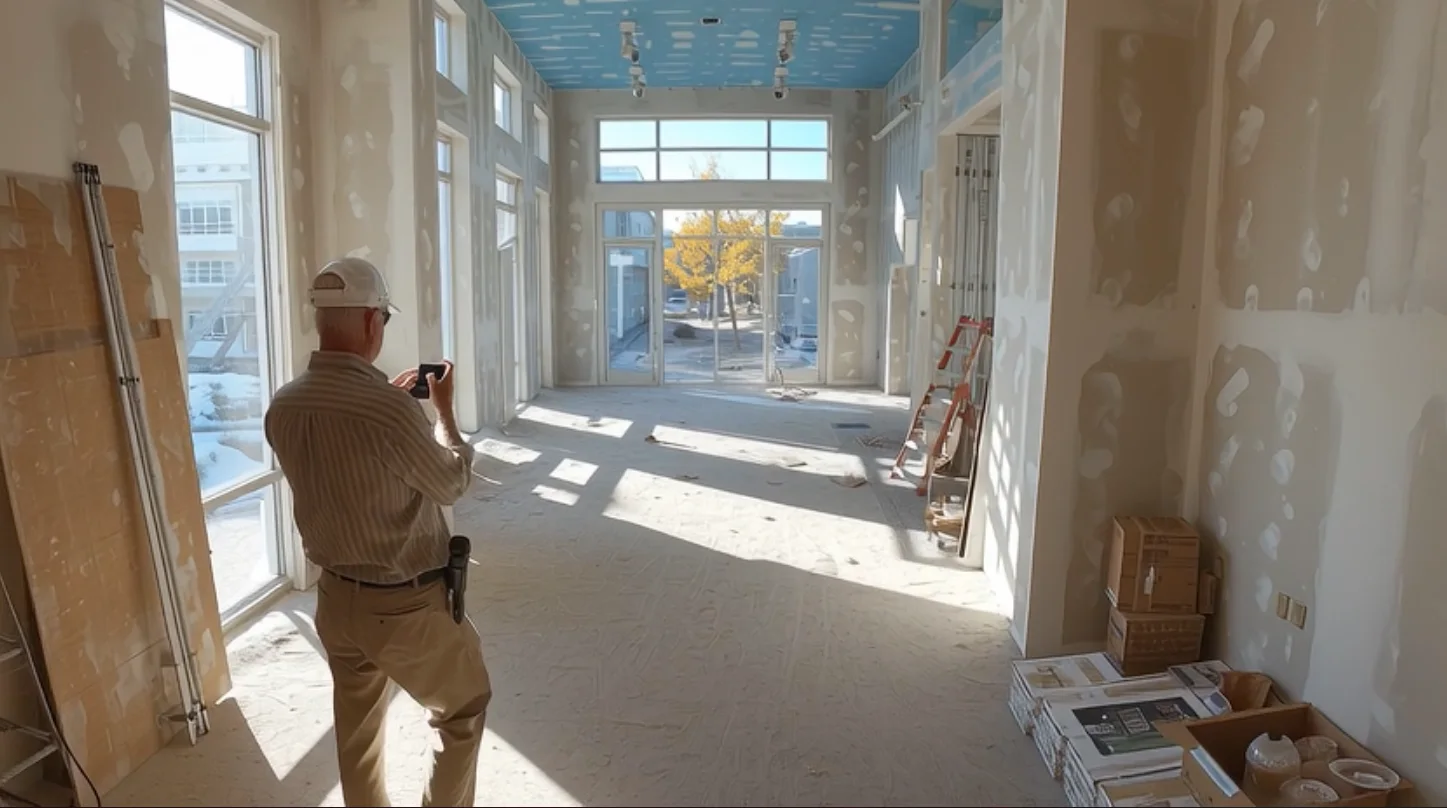 Property professional documenting the interior of a building under construction