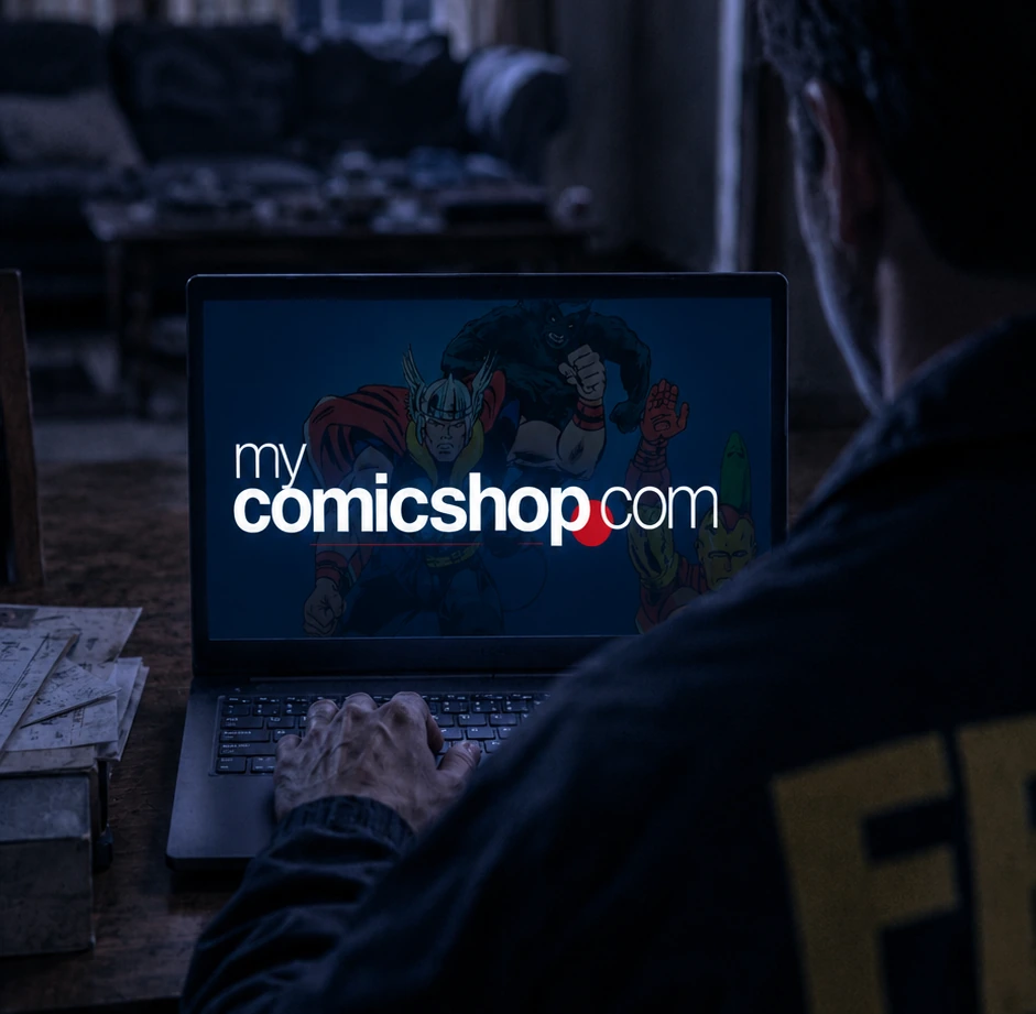 Dark cinematic scene of a person viewing MyComicShop.com on a laptop during the James Strand Collection campaign