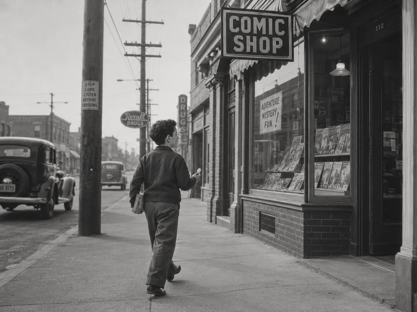 Black-and-white vintage street scene with a comic shop storefront, supporting the historical visual language of the campaign