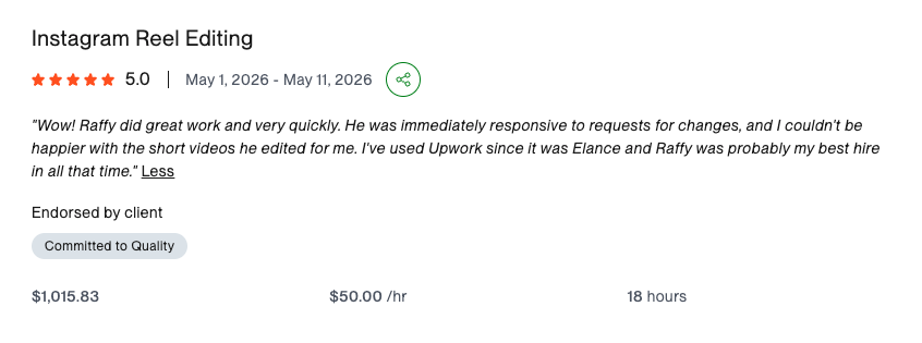 Public crop of the exact 5.0 Upwork review for the Instagram Reel editing campaign