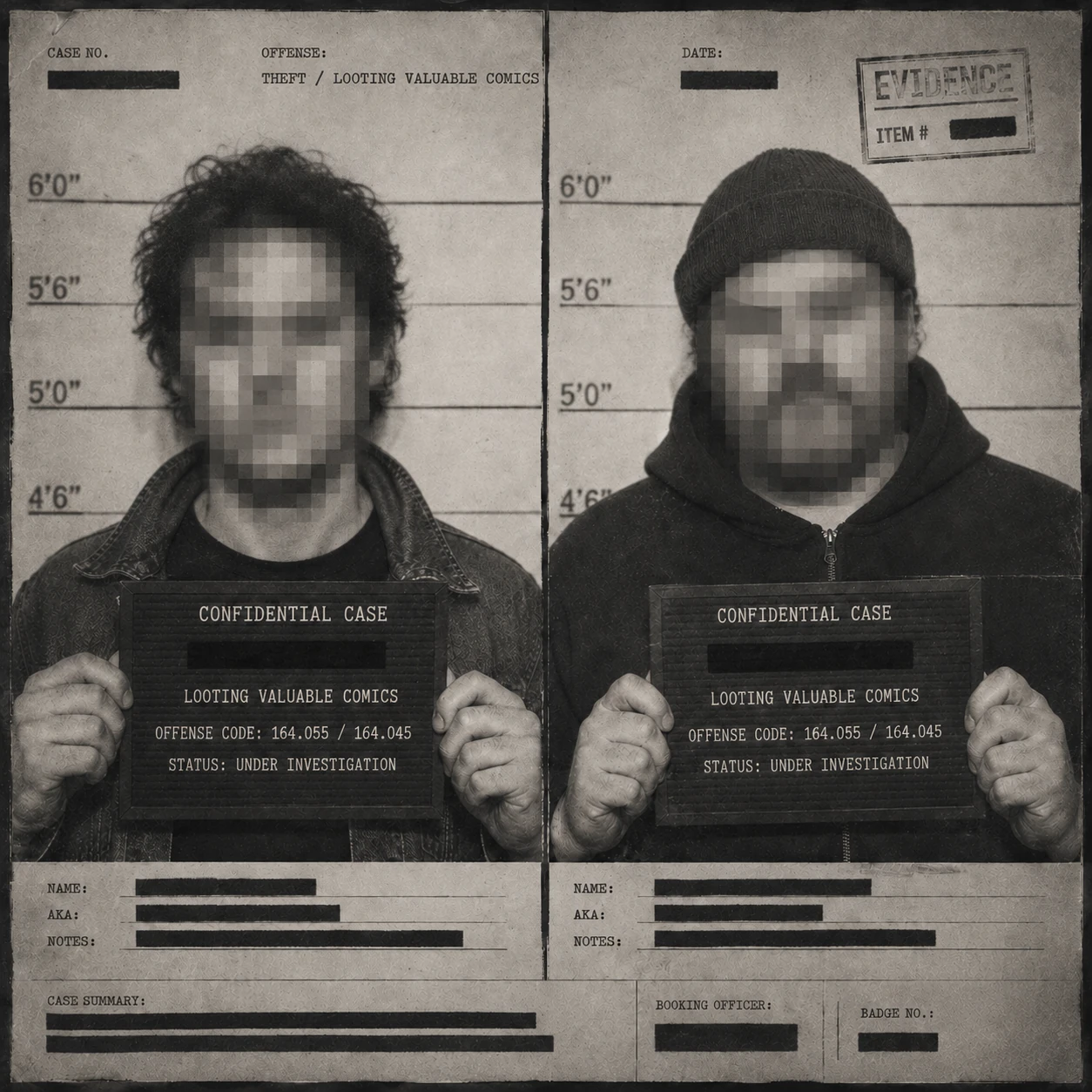 Anonymized fictional case-file composition with two pixelated figures used to illustrate theft and investigation beats