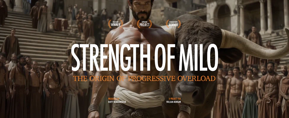 The Strength of Milo title artwork featuring Milo beside a bull in an ancient arena