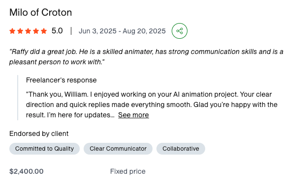 Five-star Upwork review from William Morgan for the Milo of Croton project