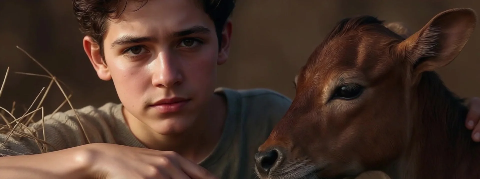 Young Milo beside a newborn calf in a stable