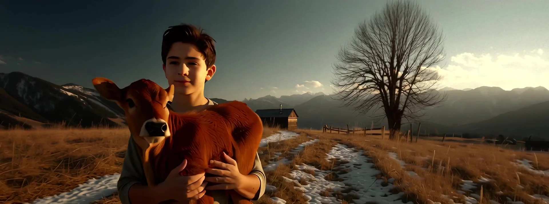 Young Milo carrying the growing calf through a winter landscape
