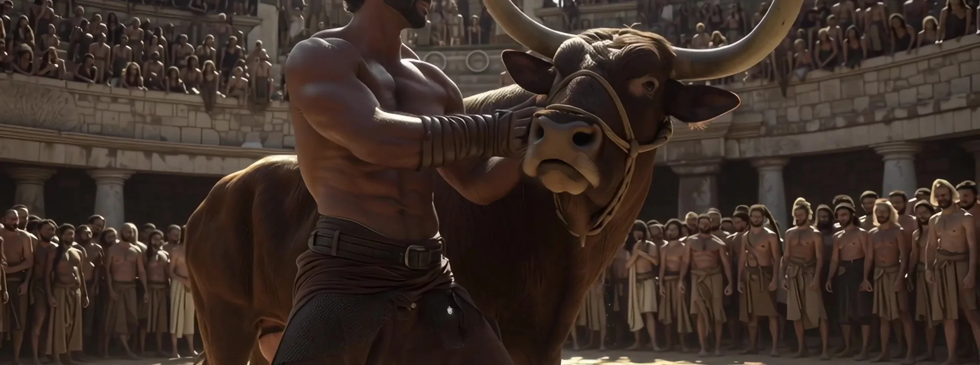 Adult Milo lifting a bull inside a crowded ancient arena