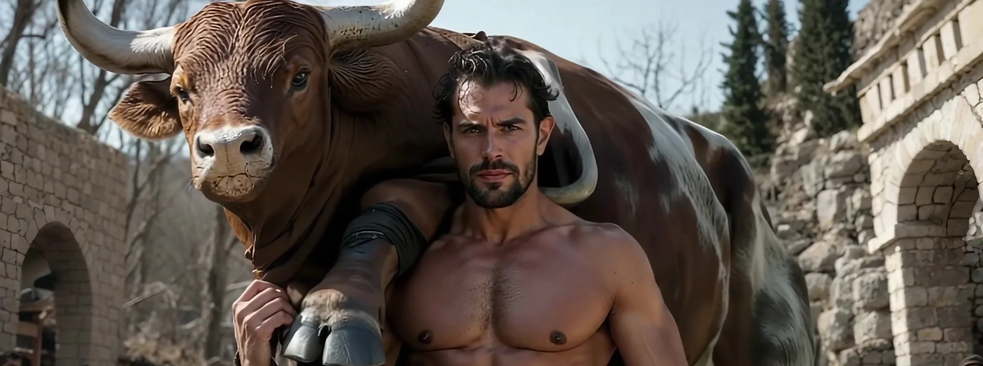 Adult Milo carrying a bull in the final historical sequence