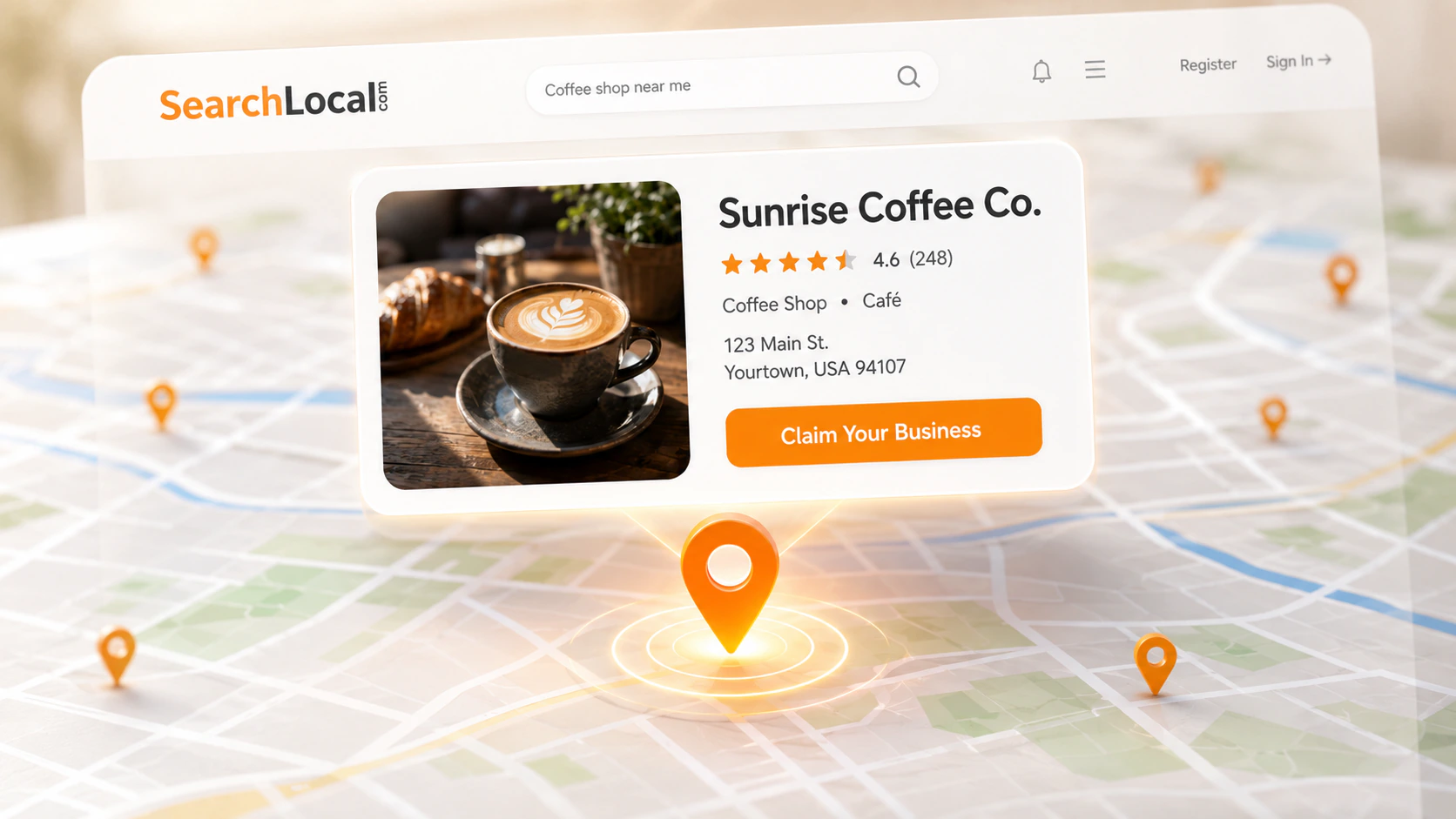 SearchLocal Sunrise Coffee Company listing displayed over a local map