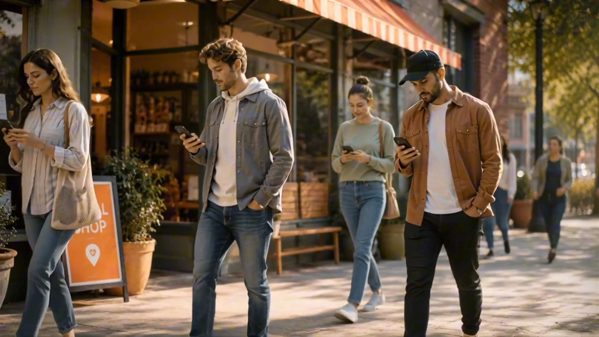 People using their phones outside a local shop in the SearchLocal commercial