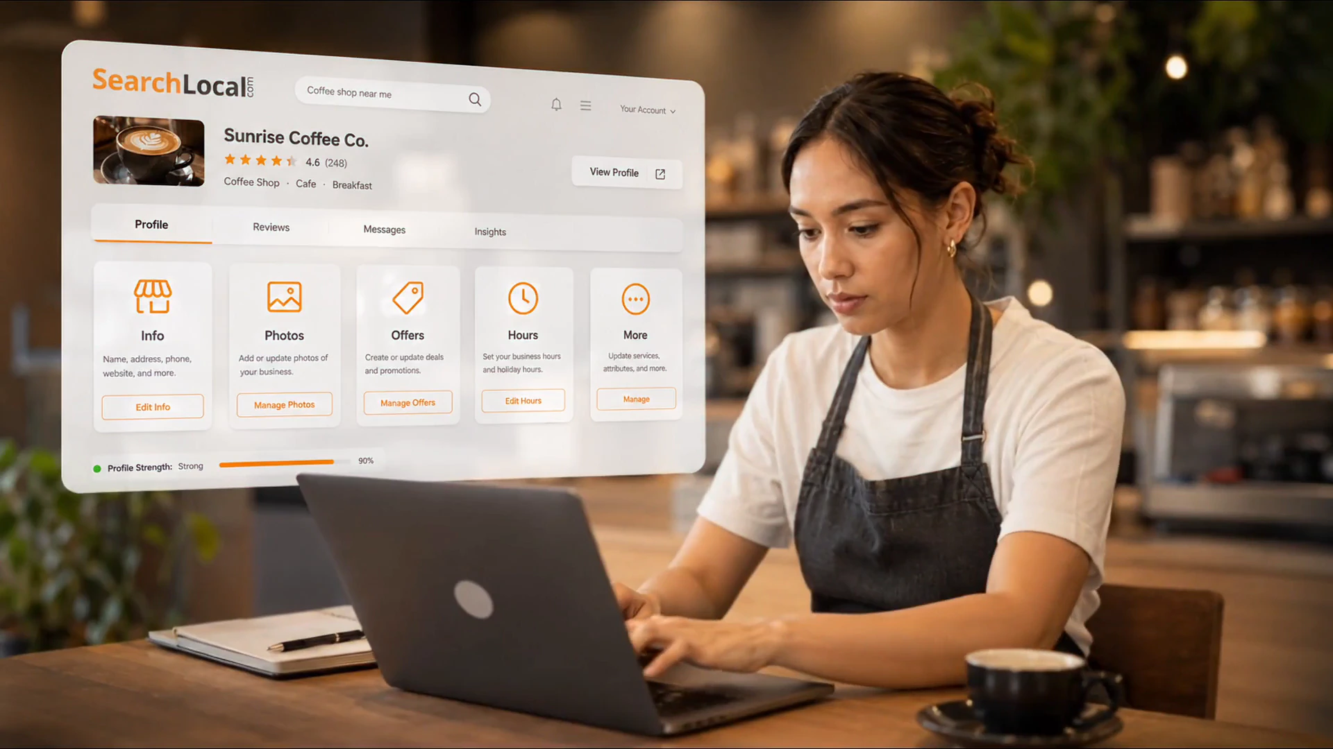 Coffee shop owner managing SearchLocal from a laptop
