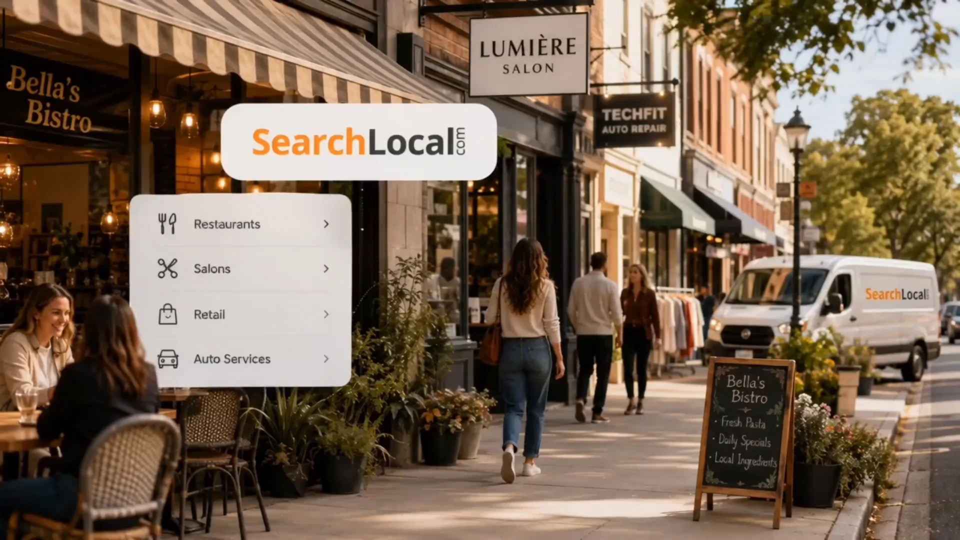 SearchLocal categories displayed over a local business district