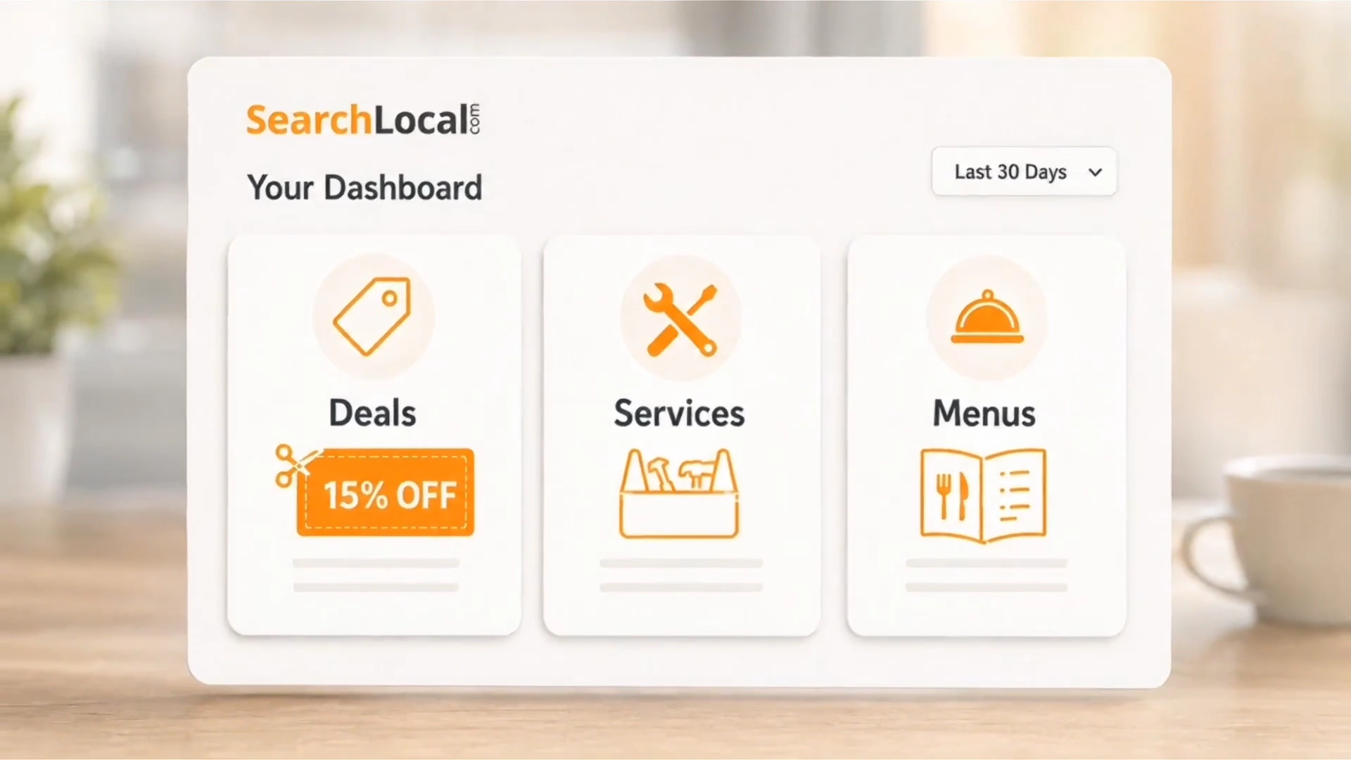 SearchLocal dashboard showing deals, services, and menus