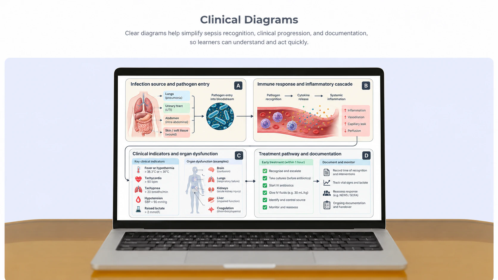Laptop learning interface displaying clinical sepsis diagrams and instructional content
