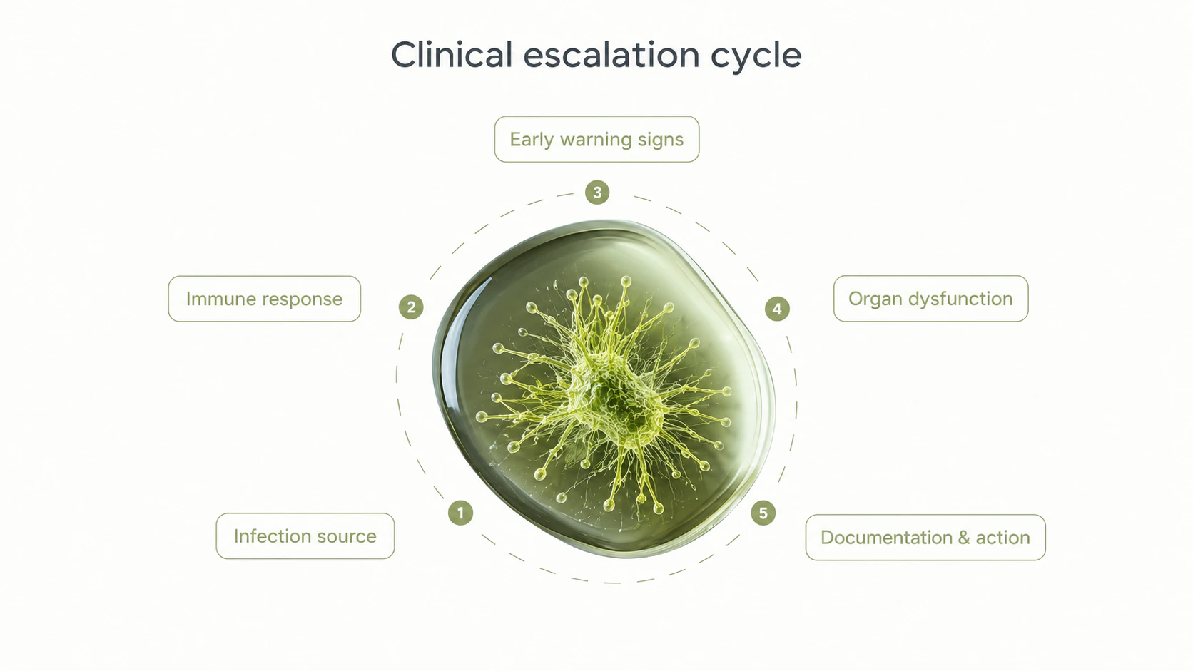 Circular clinical learning diagram explaining the sepsis escalation cycle