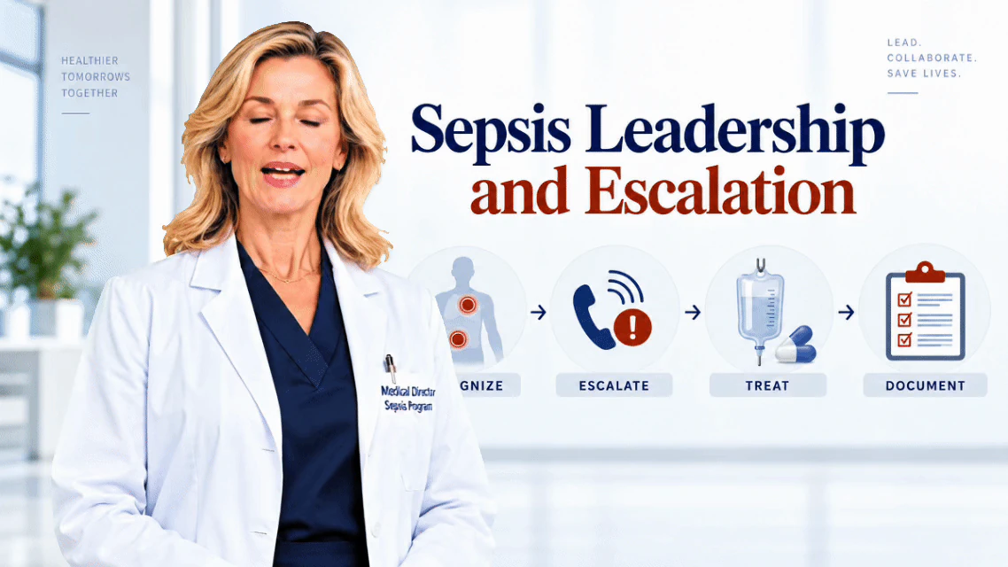 Animated clinical leader presenting a recognize, escalate, treat, and document learning sequence