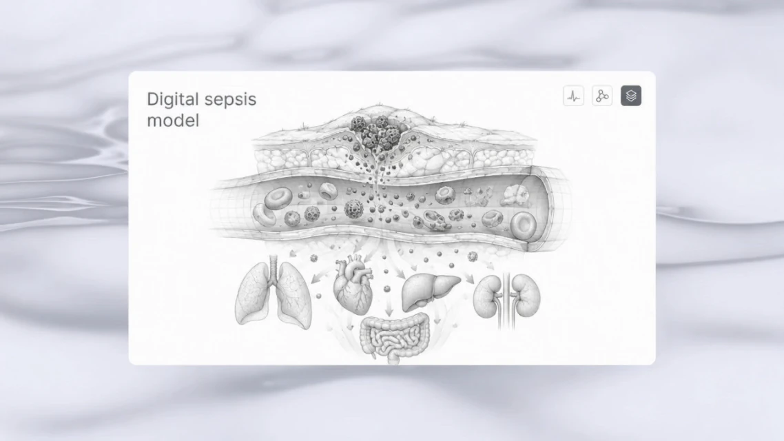 Animated digital sepsis model showing infection spreading through the bloodstream toward major organs