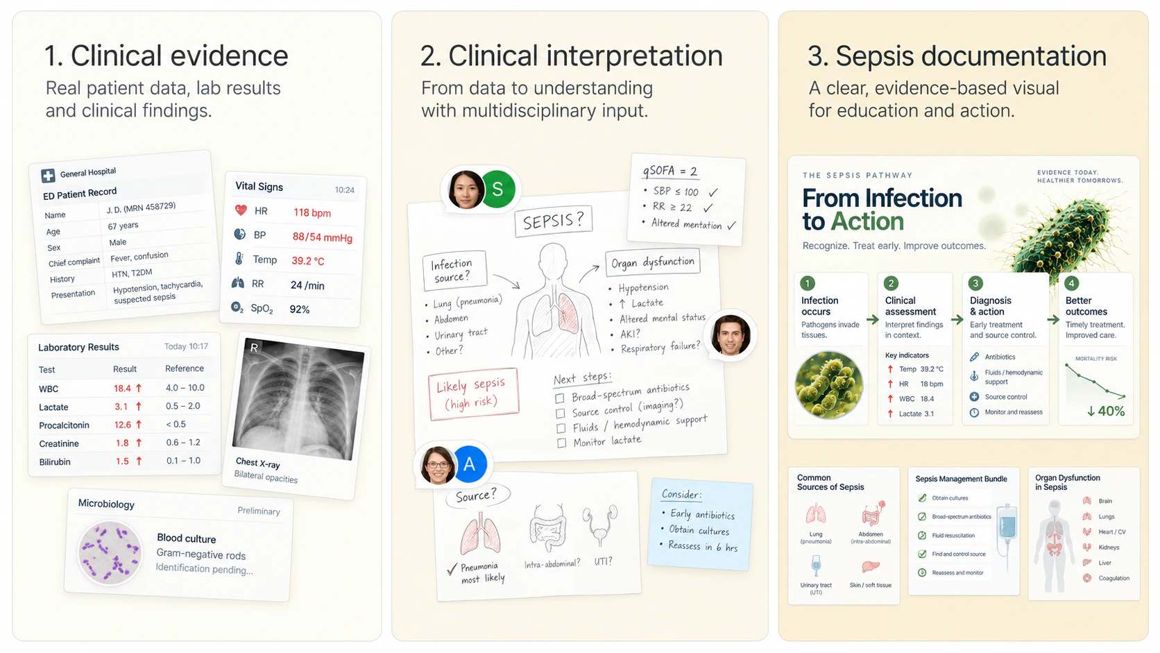 Full-width learning visual mapping clinical evidence to interpretation and documentation