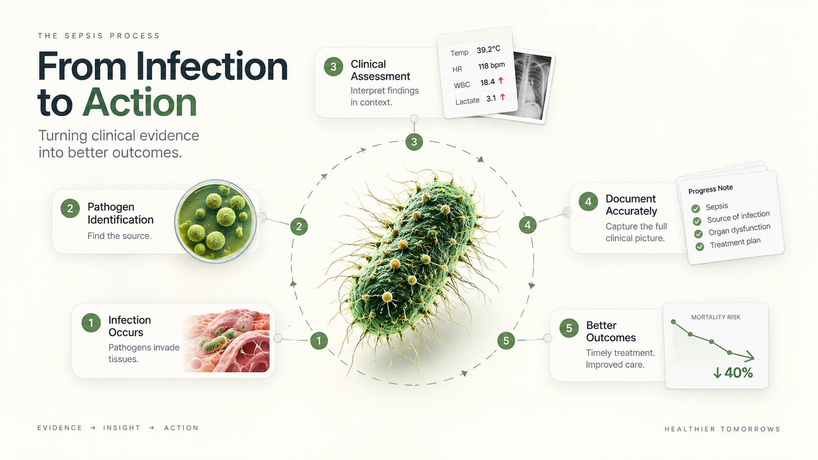 Instructional graphic organizing the path from infection recognition to action