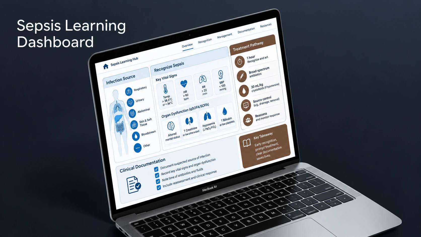 Desktop sepsis learning dashboard concept with structured clinical education modules