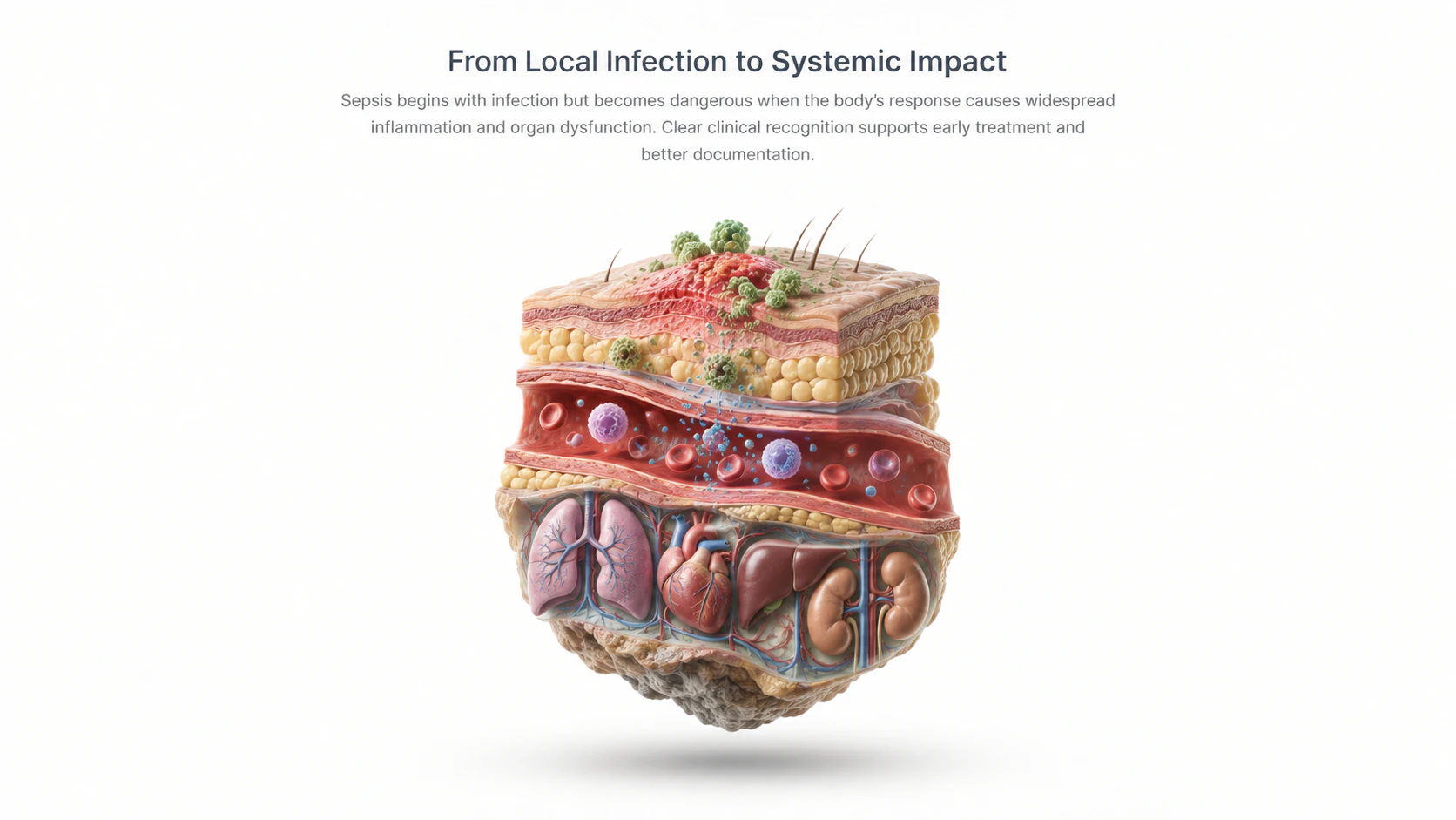 Clinical diagram showing progression from a local infection toward systemic impact