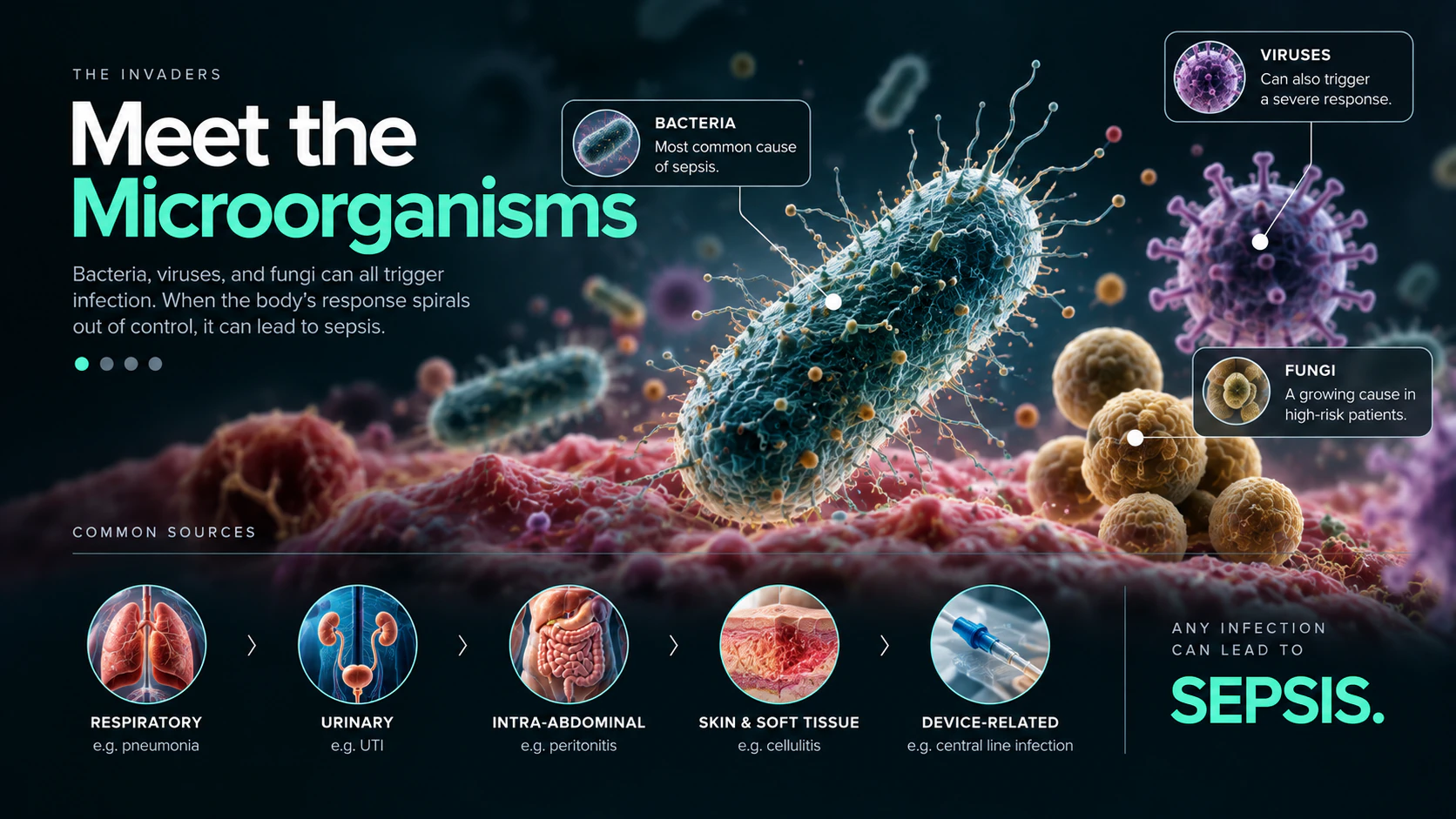 Medical learning visual introducing microorganisms associated with infection and sepsis