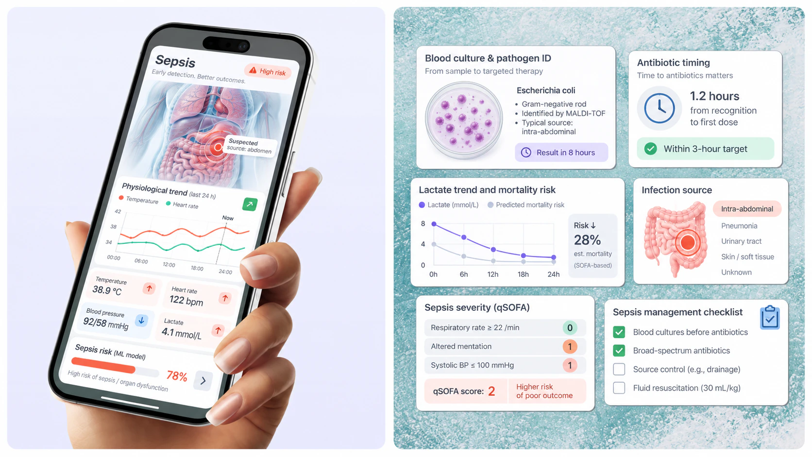 Mobile clinical learning dashboard concept presenting risk and recognition information