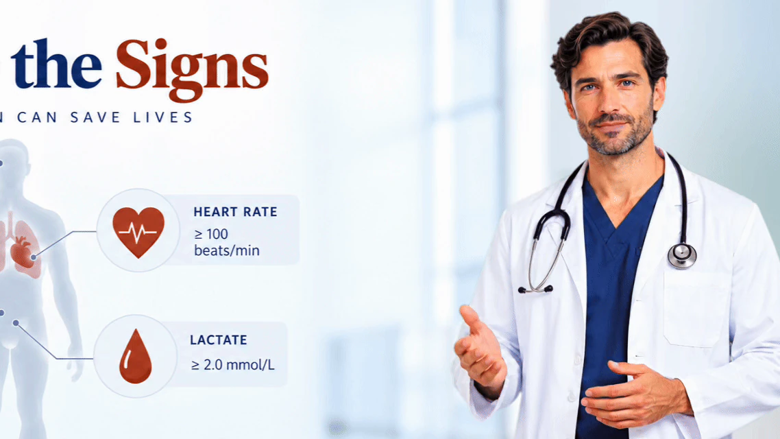 Animated physician presenter beside a clinical graphic explaining signs associated with sepsis