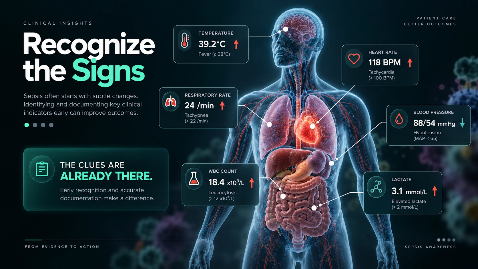 Clinical presentation identifying sepsis indicators through a human-body diagram and vital-sign thresholds