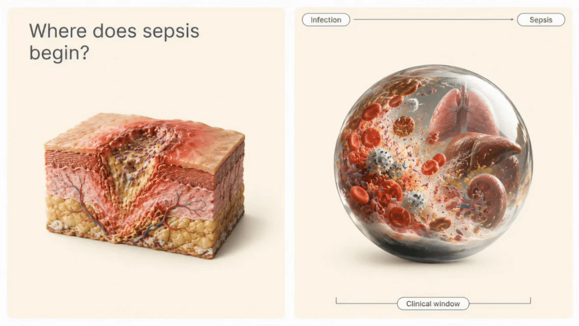 Animated medical visualization connecting an infection site to a systemic clinical window
