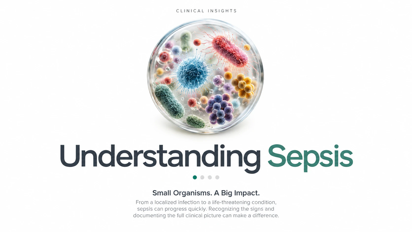 Sepsis education hero design with a magnified microorganism in a petri dish