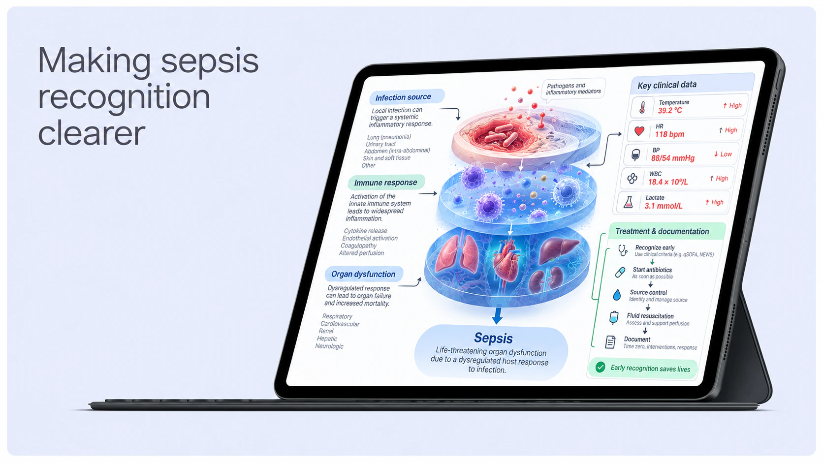 Tablet learning interface concept summarizing sepsis recognition information