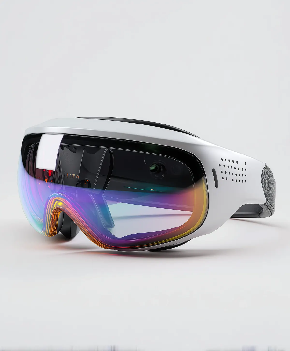 Close-up concept render of white immersive eyewear with exposed internal optics and a multicolor visor edge