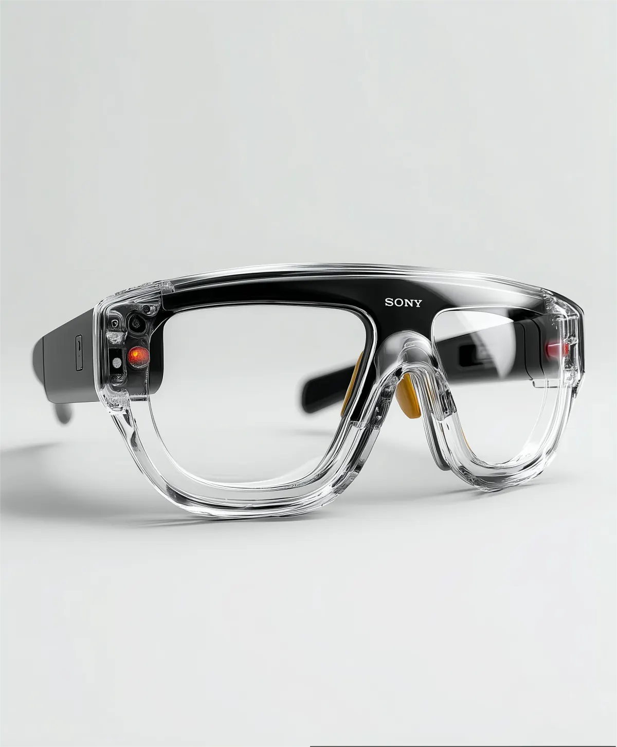 Clear smart-eyewear concept with a black brow bar, visible sensors, and transparent frames