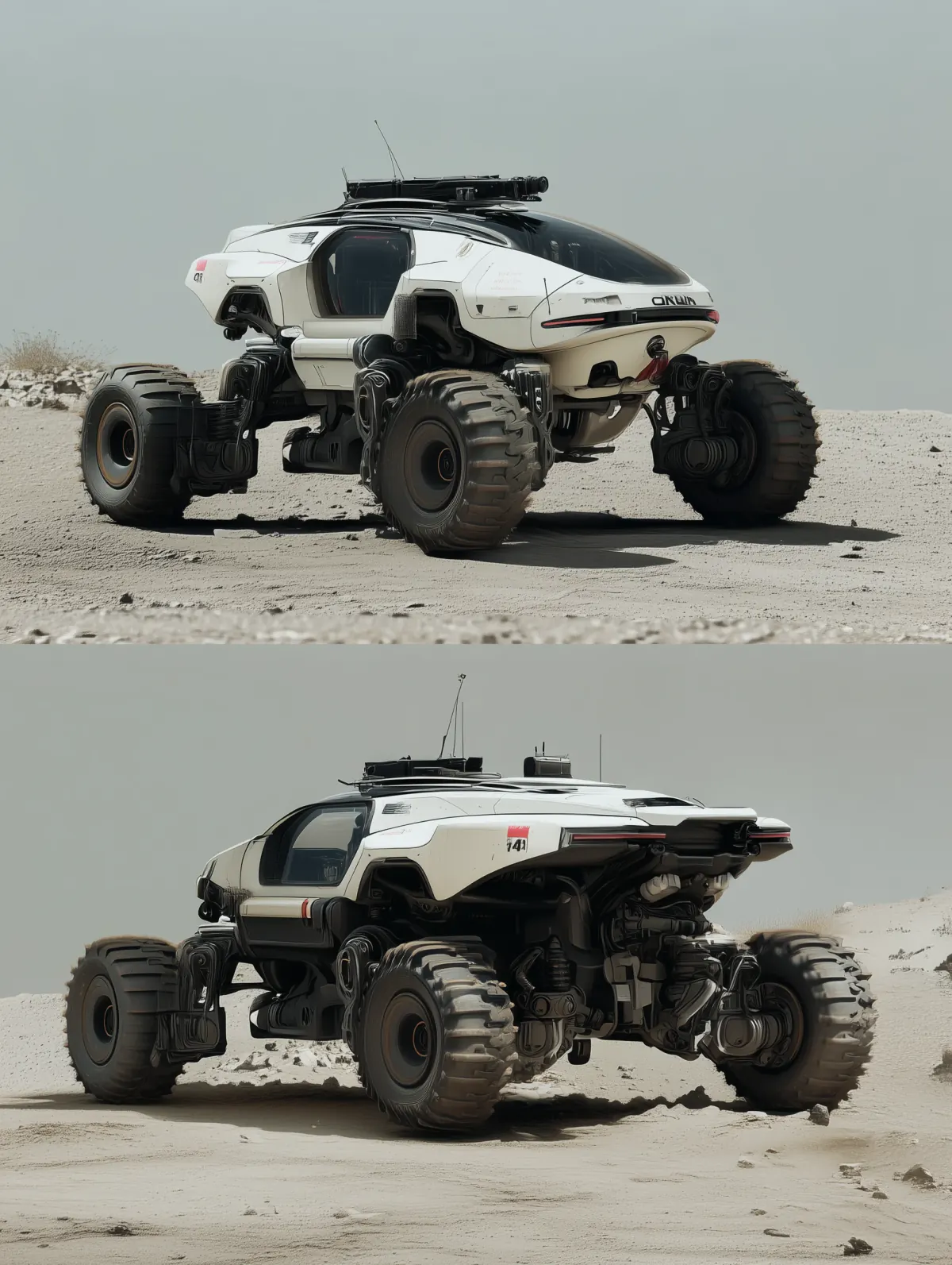 Two concept views of a white six-wheel exploration rover in a pale desert environment