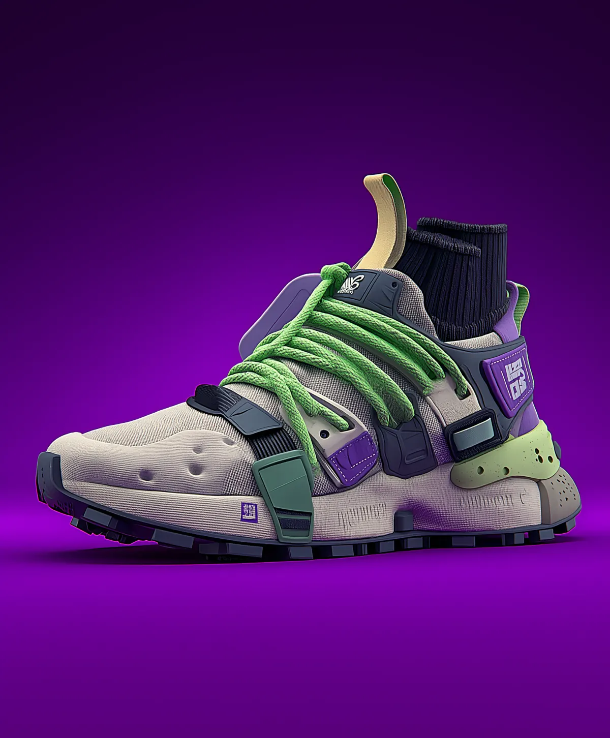 Layered futuristic sneaker concept with green laces, purple panels, technical straps, and a black knit collar