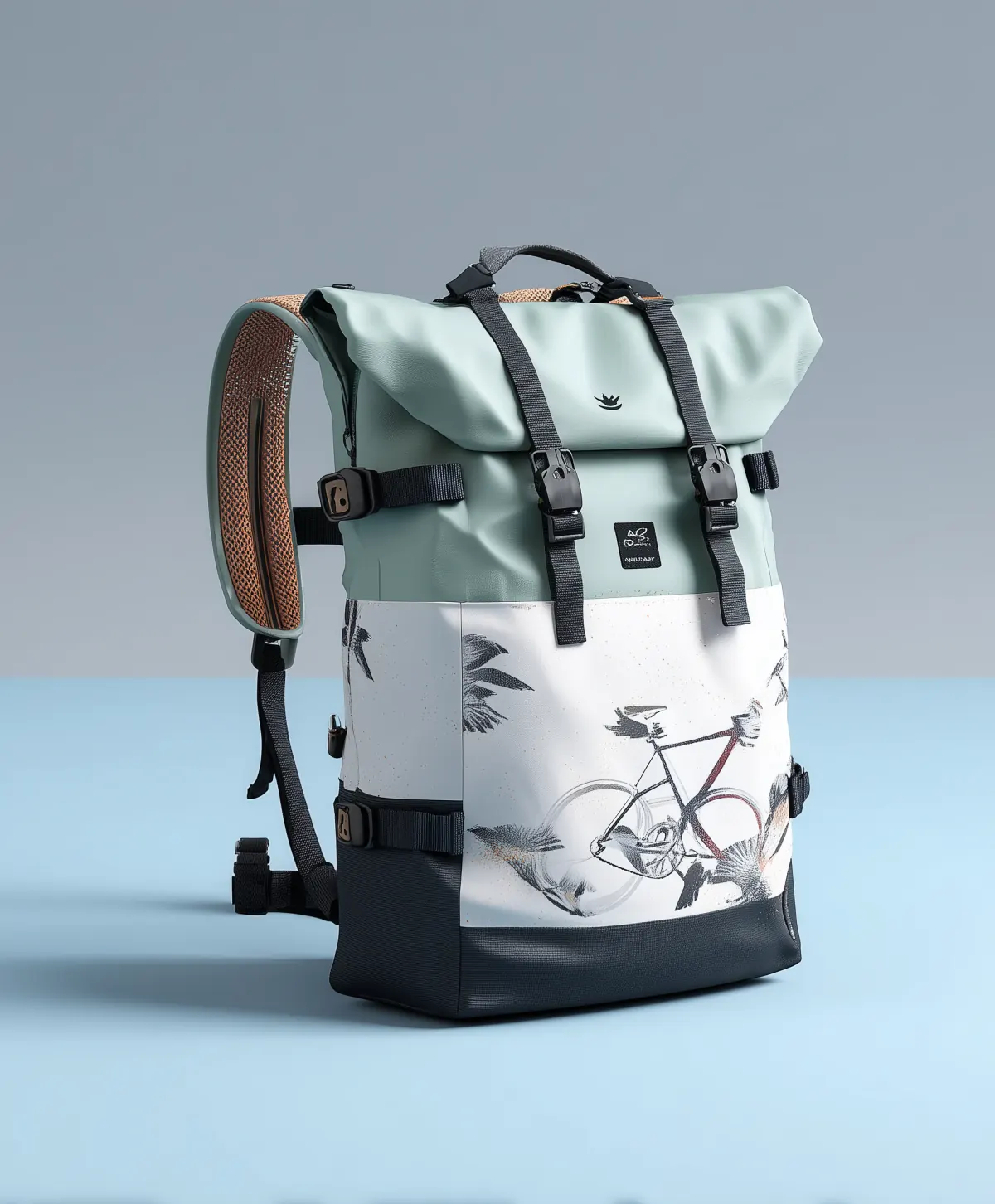 Mint and white roll-top cycling backpack with black straps, orange mesh, and a bicycle illustration