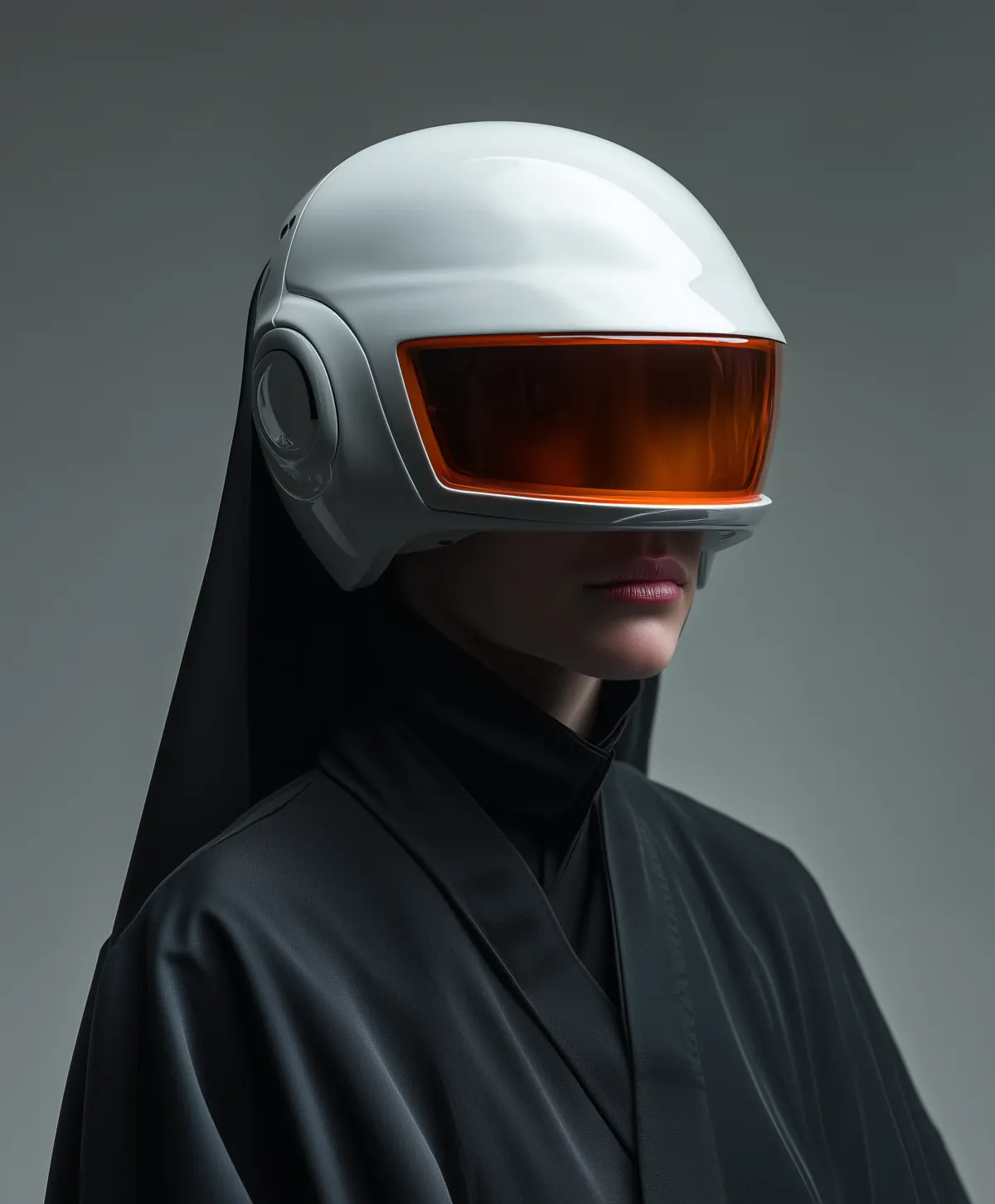Portrait of a person wearing a glossy white futuristic helmet with a wide orange visor
