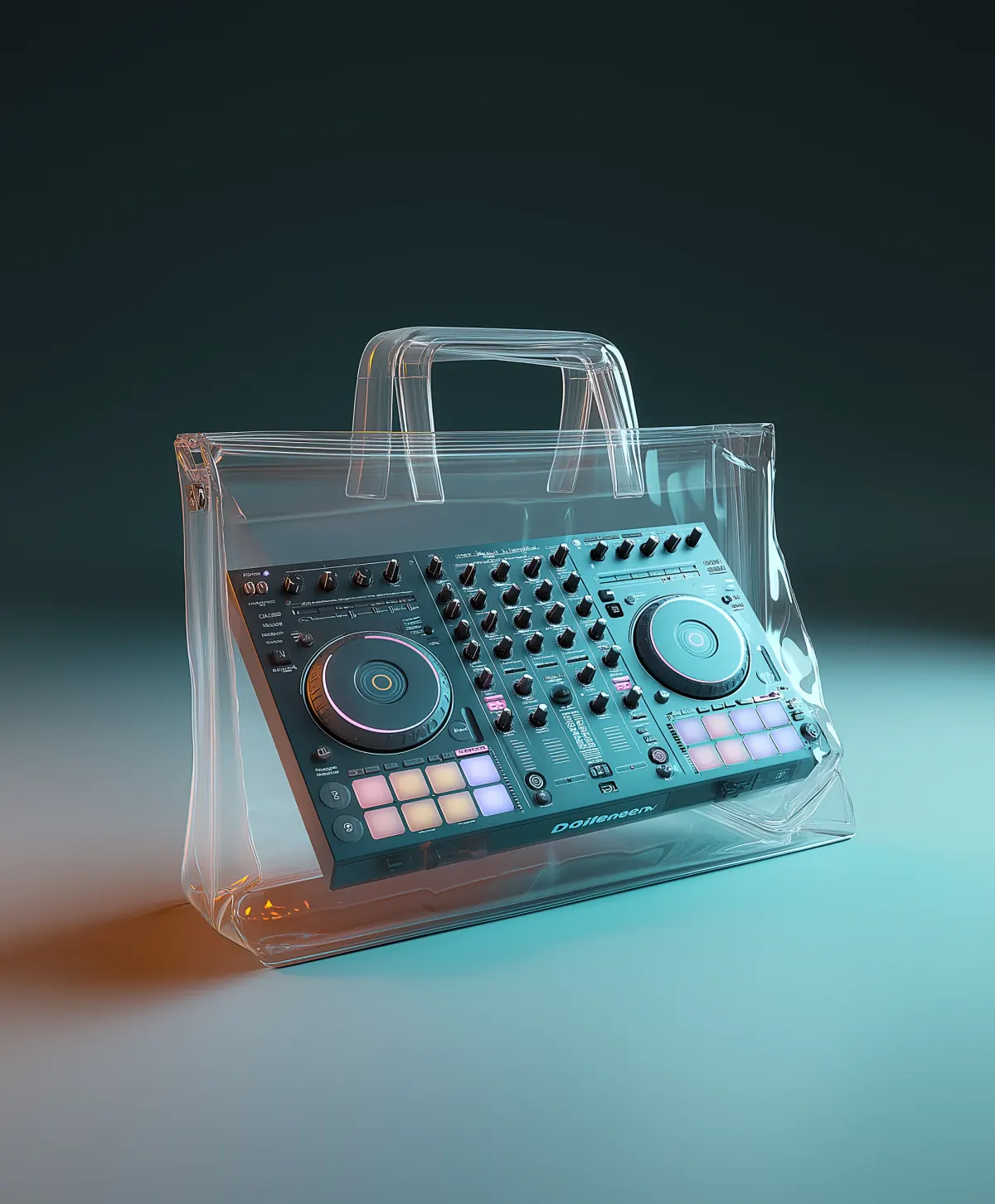Digital DJ controller presented inside a rigid transparent carrier with cyan and amber lighting