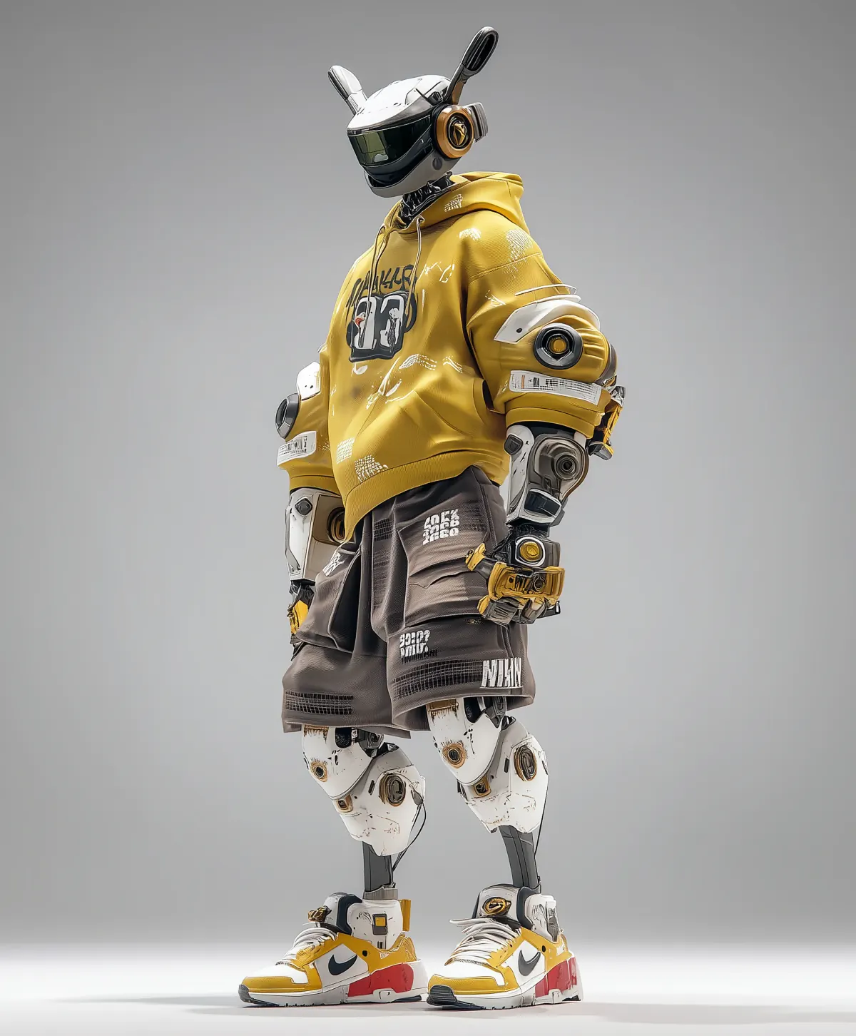 Full-body cybernetic character wearing an oversized yellow hoodie, cargo shorts, and sneakers
