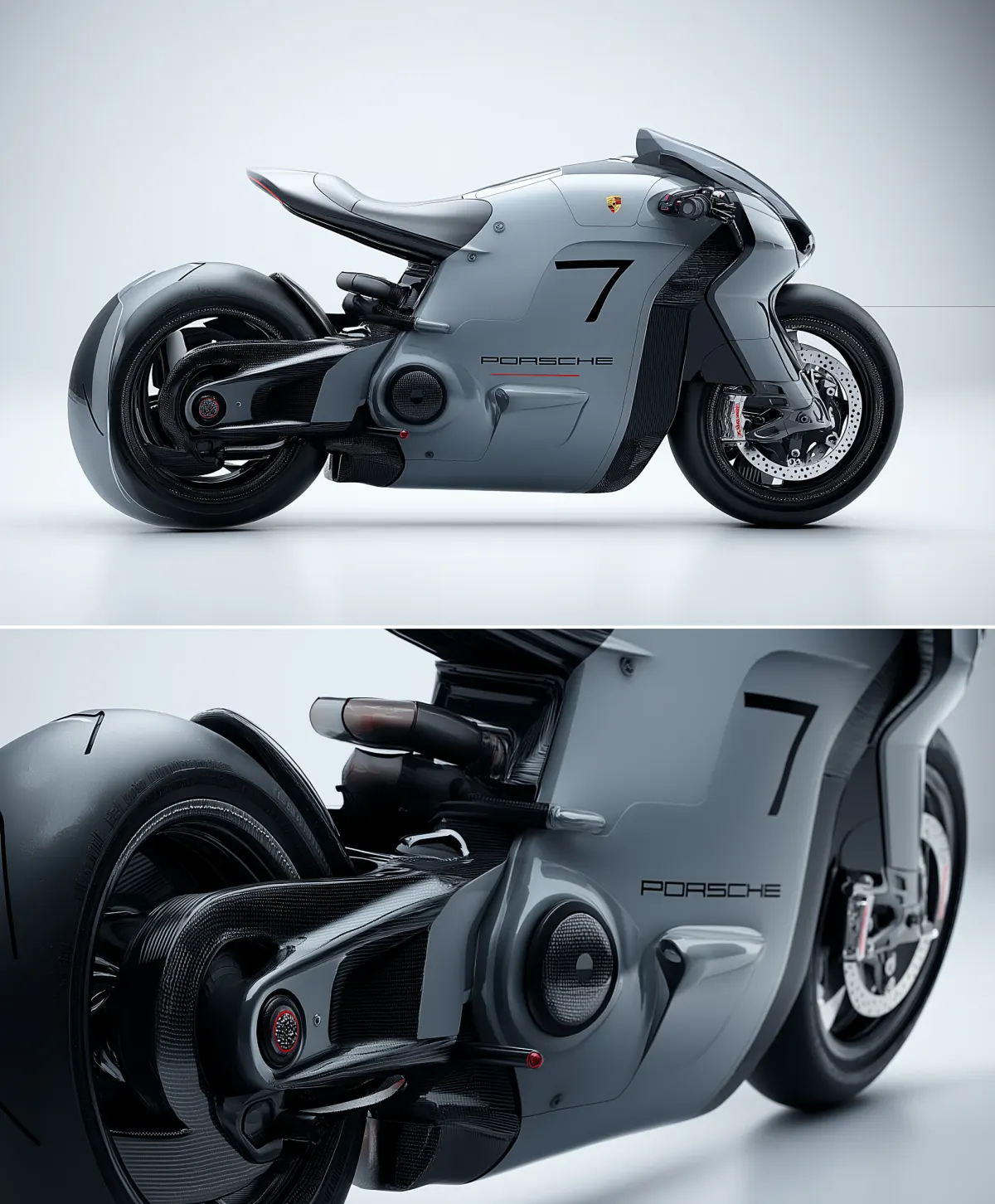 Side profile and detail view of a streamlined gray futuristic performance motorcycle concept