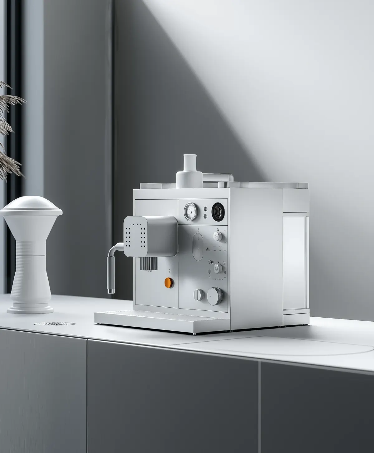 White geometric espresso-machine concept arranged on a monochrome kitchen counter