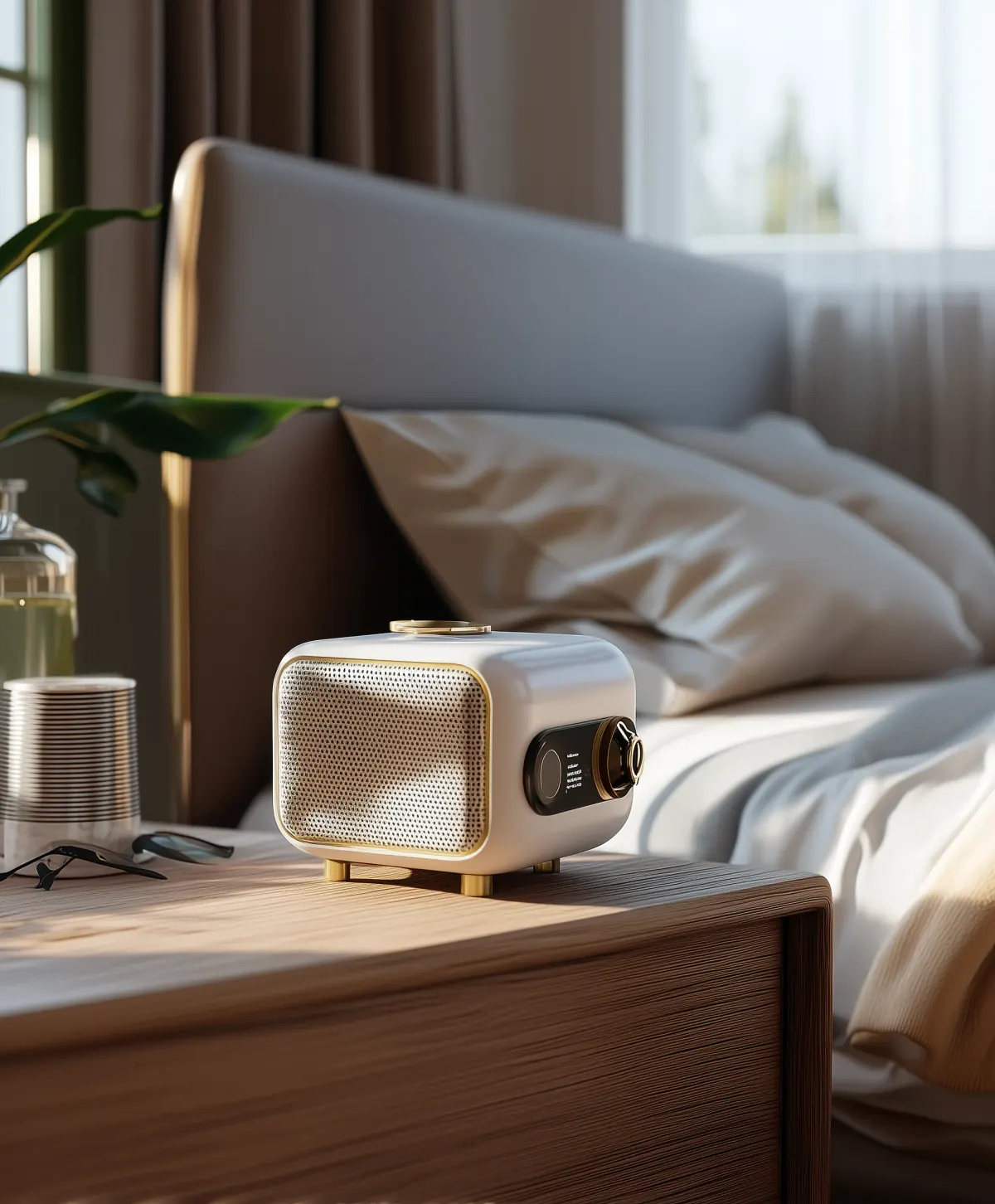 Compact white and gold smart-audio concept on a wooden bedside table in a warm bedroom