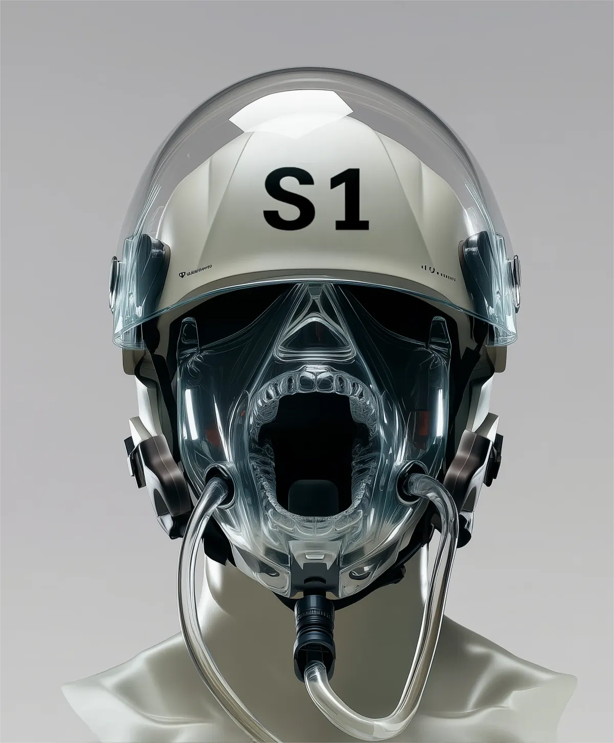 Frontal concept portrait of a transparent respirator mask and helmet with exposed tubing