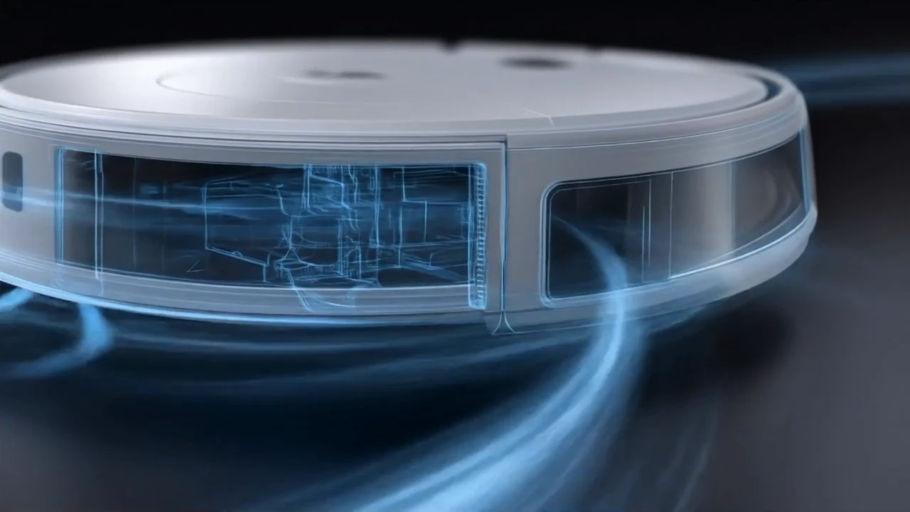 Close-up robot vacuum visualization with transparent internals and blue airflow trails