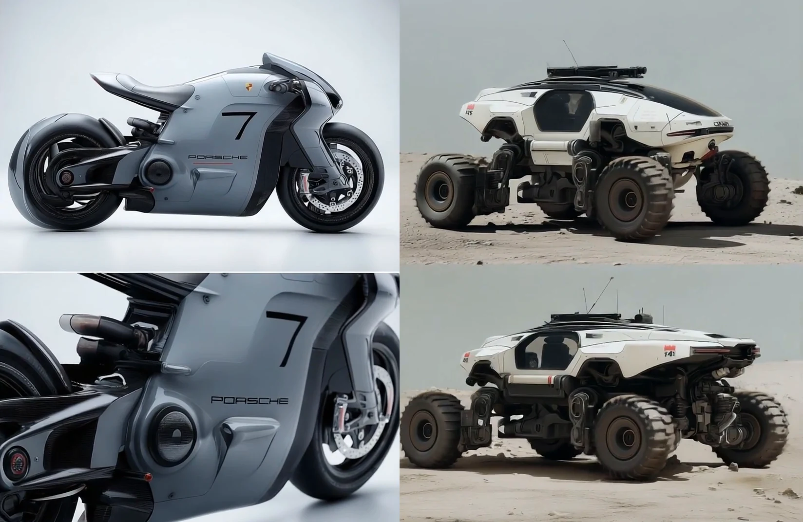 Futuristic motorcycle and rugged six-wheel rover concepts shown in several angles