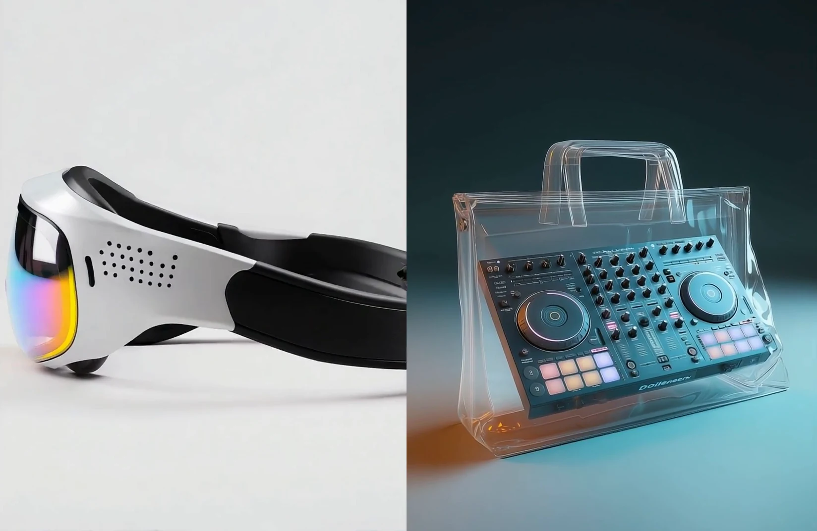 Head-mounted display and transparent digital audio-controller carrier shown as consumer-technology concepts